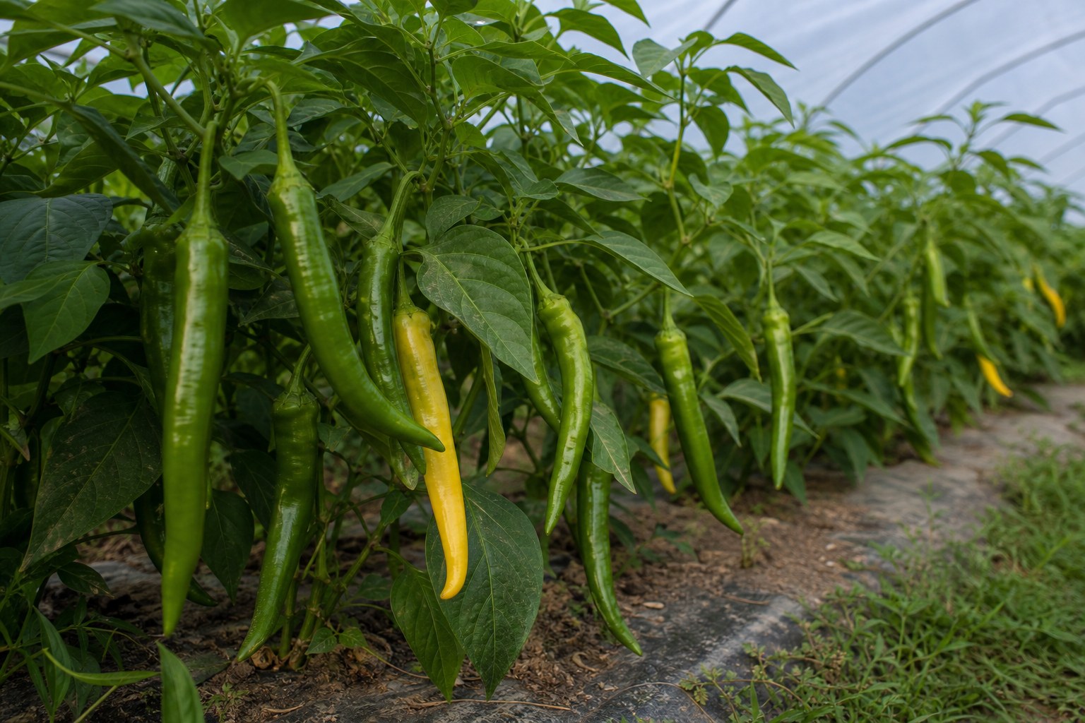 Turkish sweet long peppers growing in a protected market garden